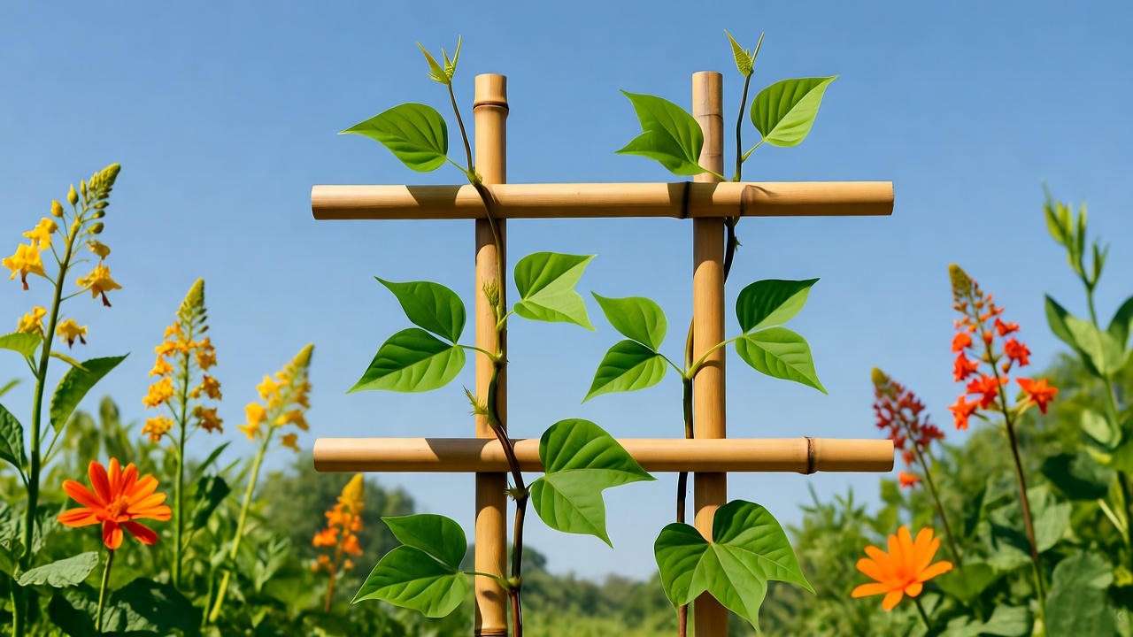 Bamboo trellis with young asparagus bean vines in a sunny garden. 