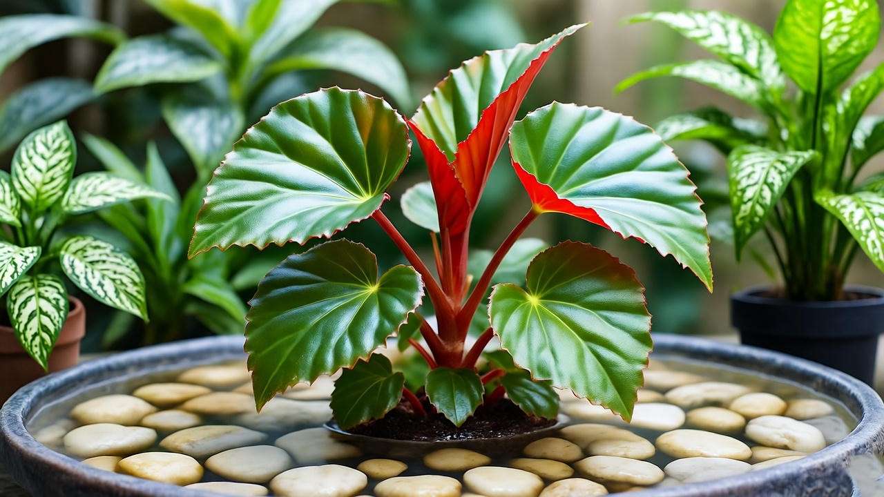 Begonia indoor plant on a pebble tray in a humid environment with other houseplants."