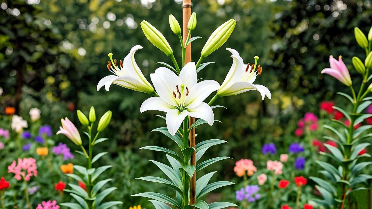 Tall lily plant supported by bamboo stake in a colorful garden". 