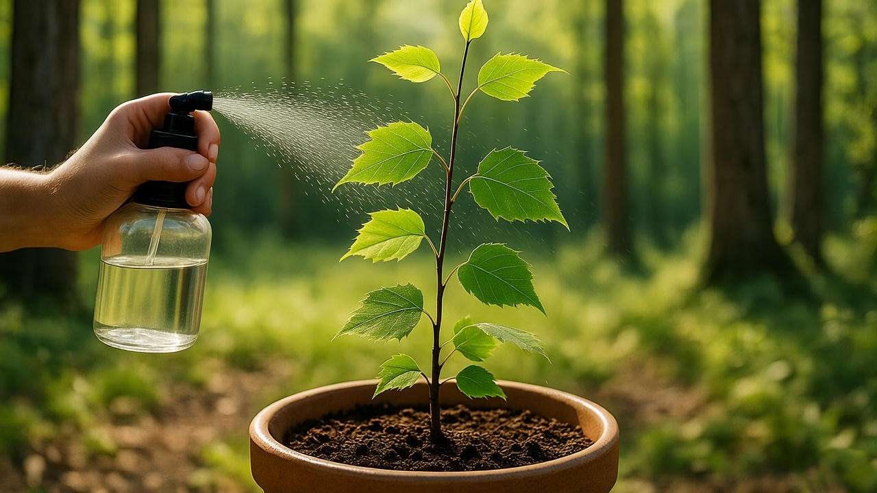 "Young birch seedling being watered in a natural setting." 