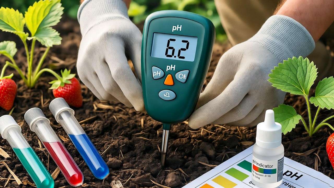 Testing soil pH for yellow strawberry plant leaves: gardener using meter on acidic berry garden soil 