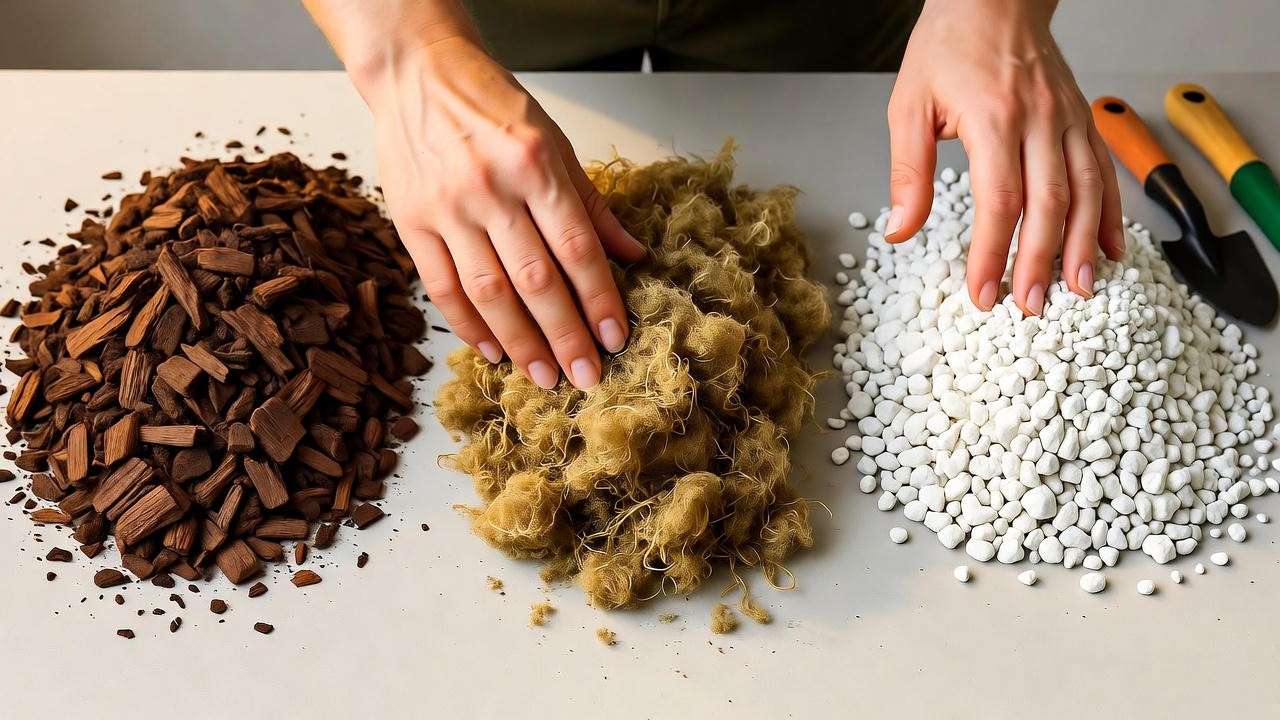 "DIY potting mix preparation with bark, moss, and perlite for mini orchid care." 