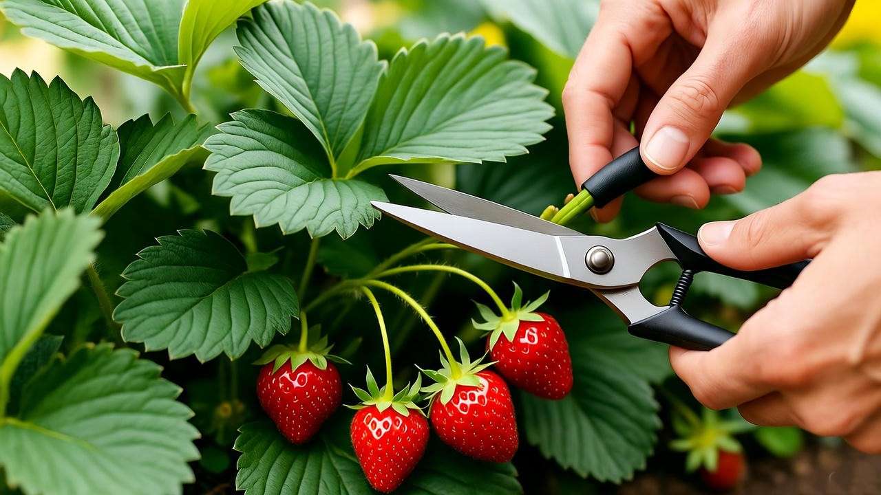 "Gardener pruning runners on a healthy Honeoye strawberry plant." 