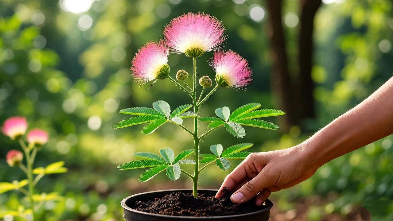 "Mature Mimosa pudica plants with pink flowers in an outdoor garden with gardener adding compost."