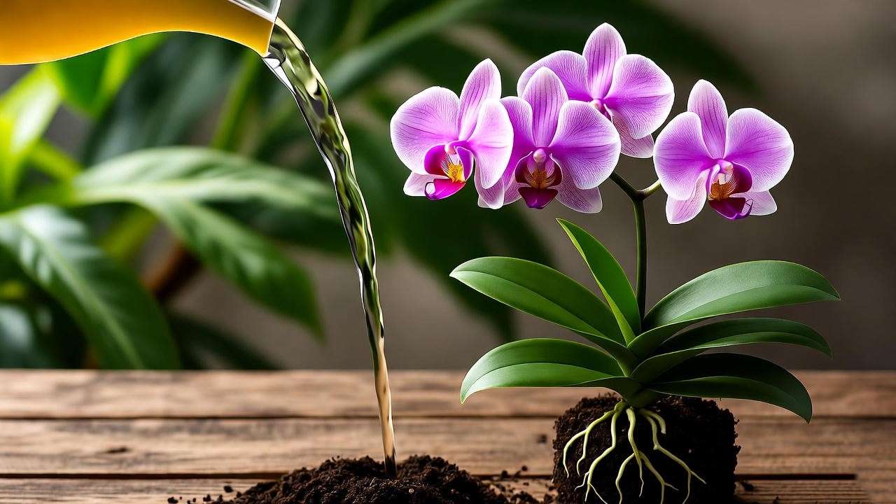 Japanese orchid plant receiving banana peel tea fertilizer in a rustic setting" 