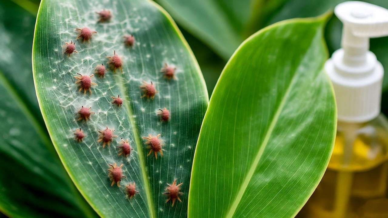 "Blue ginger plant with spider mite damage and neem oil treatment."