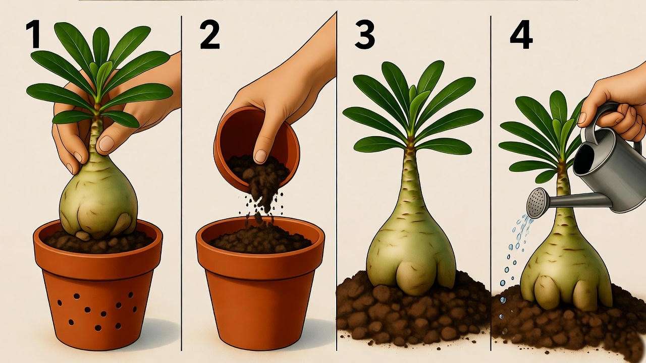 "Step-by-step planting of a desert rose tree in a pot with drainage holes."