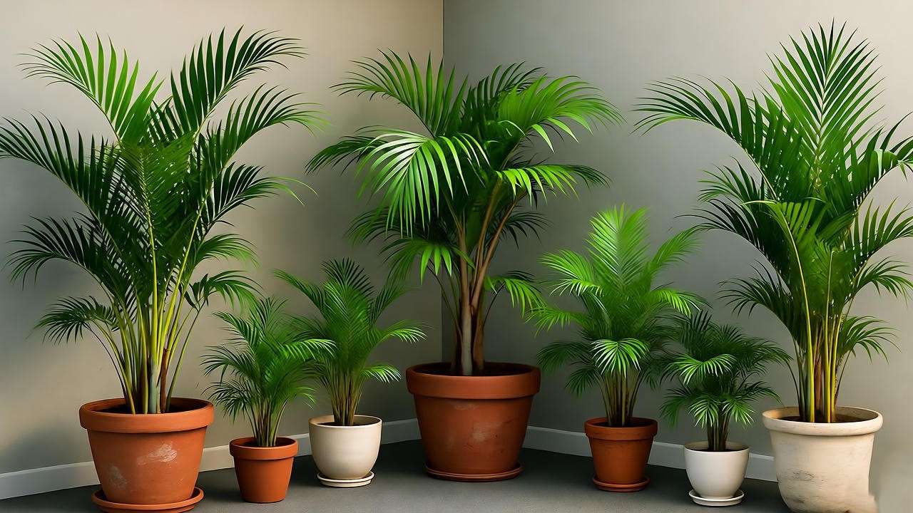 : "Variety of potted palms in a modern home corner, showcasing tropical decor ideas." 