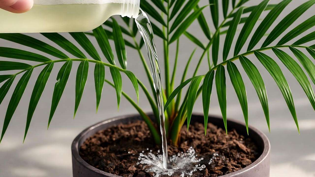  "Majesty palm receiving diluted fertilizer on moist soil with healthy fronds." 