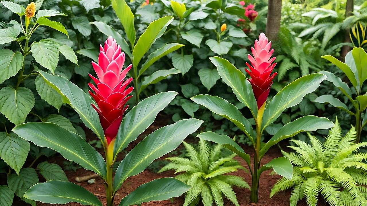 : "Tropical garden with red ginger, hibiscus, and ferns with mulch."