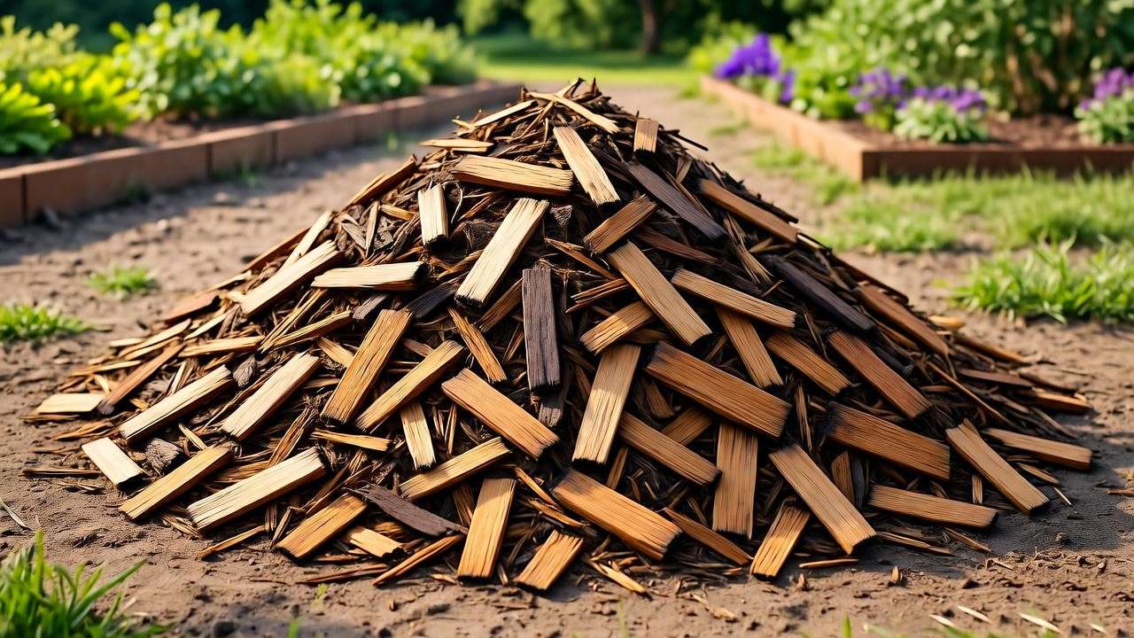  "Mango wood chips in a compost pile with a garden bed in the background". 