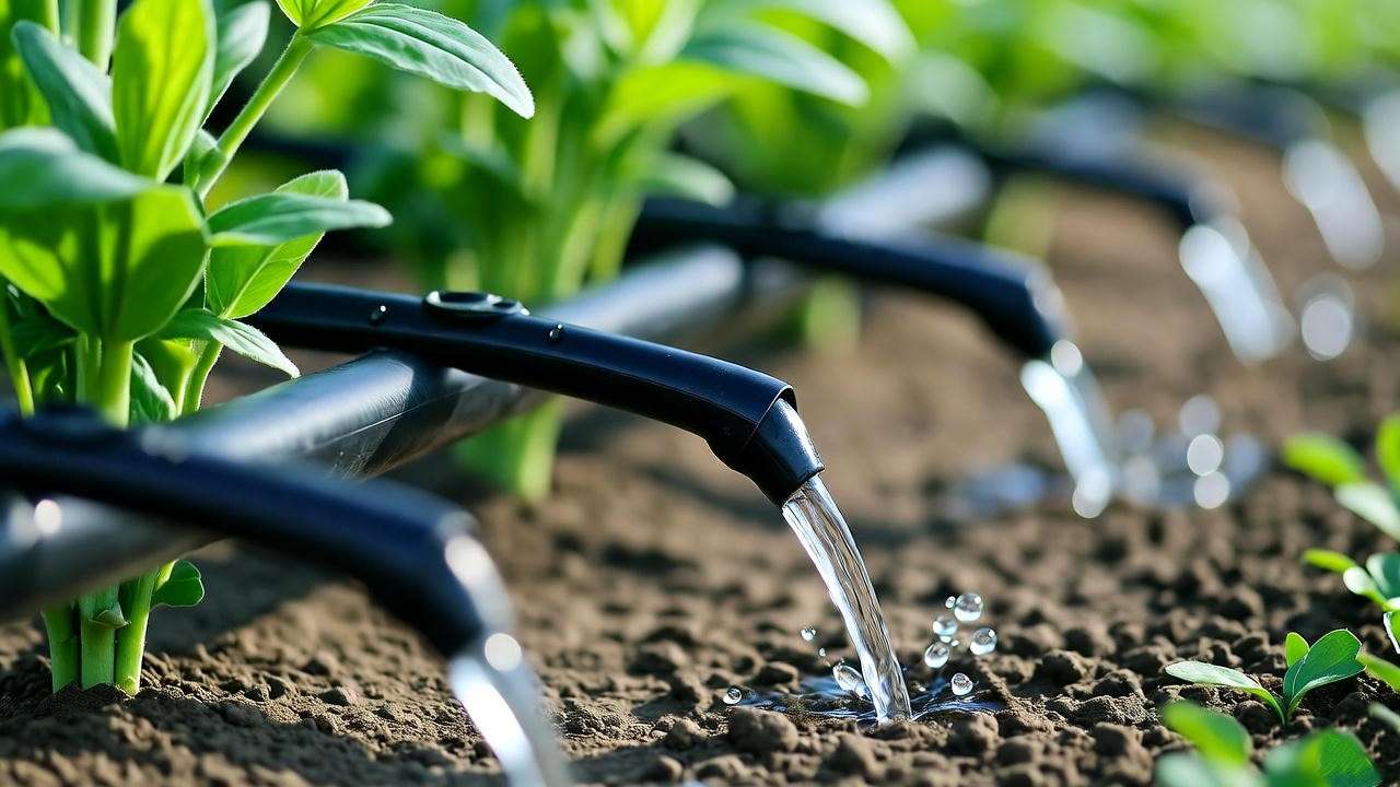 Drip irrigation system watering healthy asparagus bean plants. 
