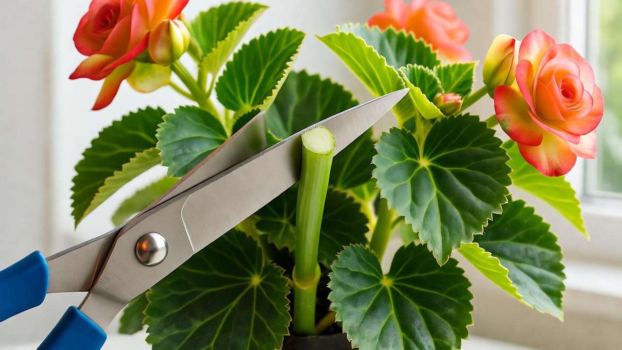 "Step-by-step pruning of a begonia indoor plant with scissors for healthy growth." 