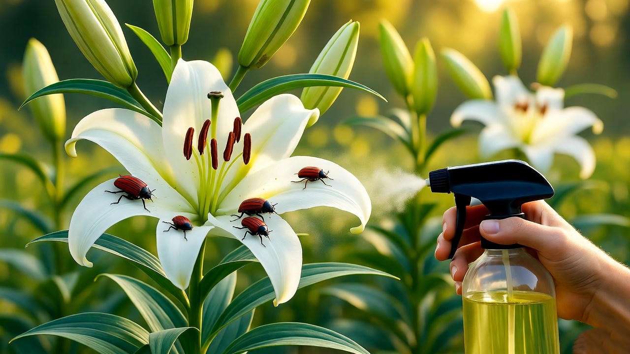 Tall lilies with red lily beetles and neem oil pest control in garden". 