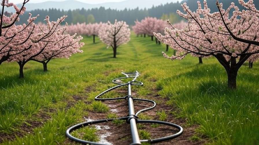 Cherry orchard with drip irrigation system watering tree bases"
