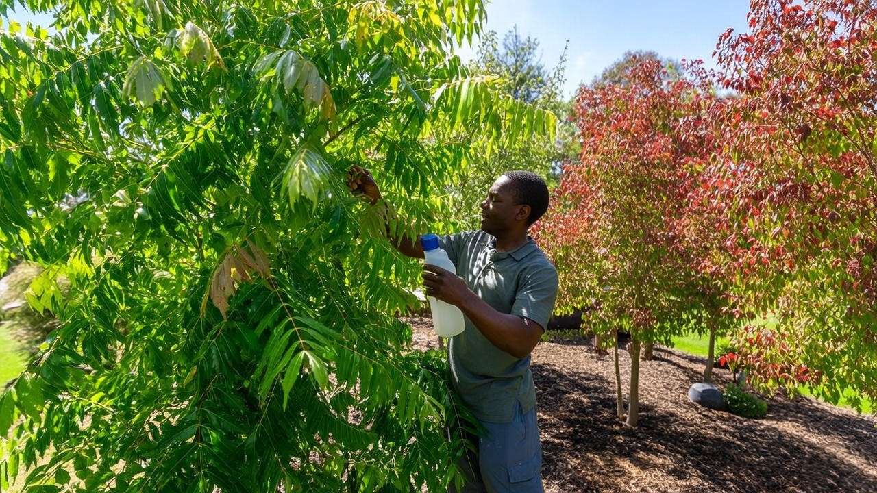  "Applying neem oil to a Raywood Ash Tree with pest-damaged sticky leaves"