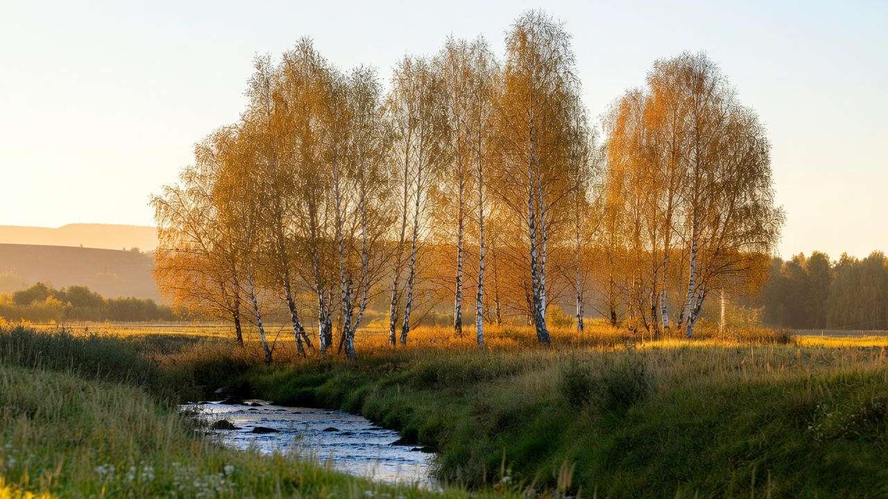  "Cluster of birch trees along a stream with birds and golden foliage." 