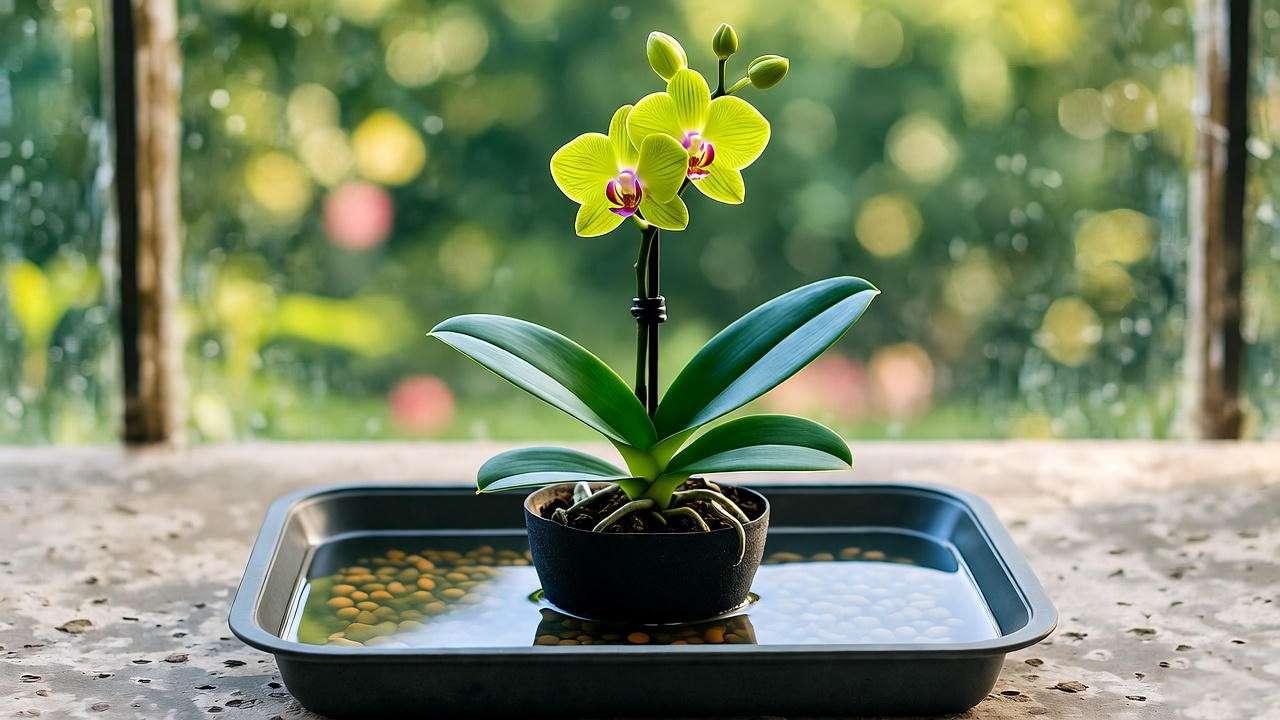 "Mini orchid on pebble tray for humidity control in indoor care setup." 