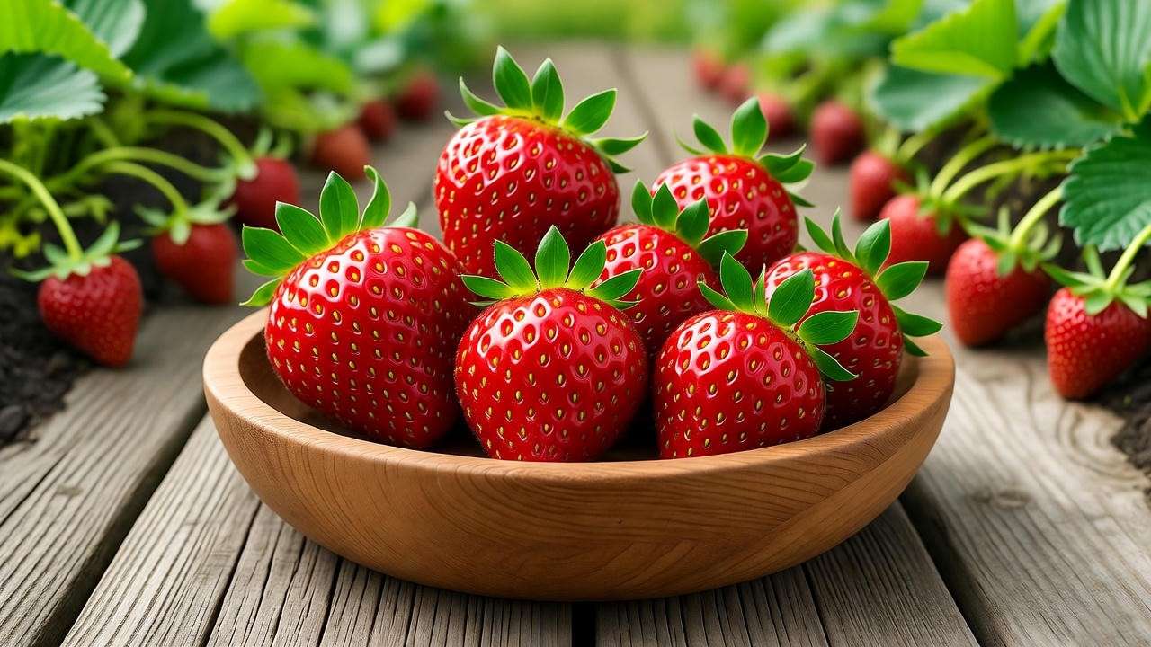 "Freshly harvested Honeoye strawberries in a wooden bowl with garden plants in the background." 