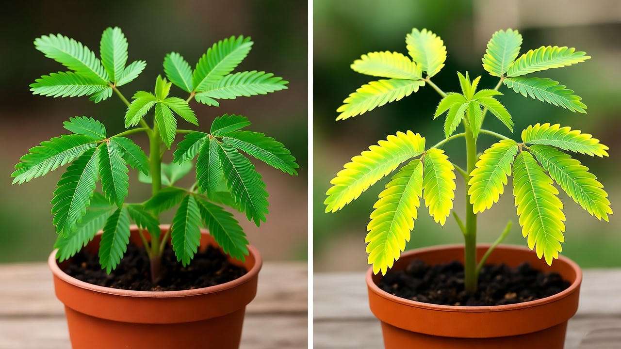"Comparison of healthy and overwatered Mimosa pudica seedlings in pots."