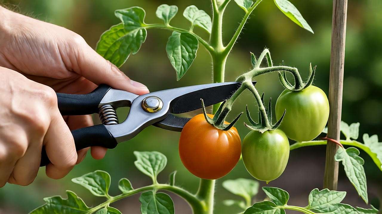 "Hands pruning a Juliet tomato plant with shears to remove suckers and show staking." 