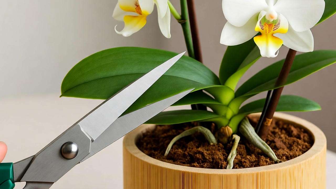 "Japanese orchid plant pruning and repotting with scissors and fresh potting mix" 