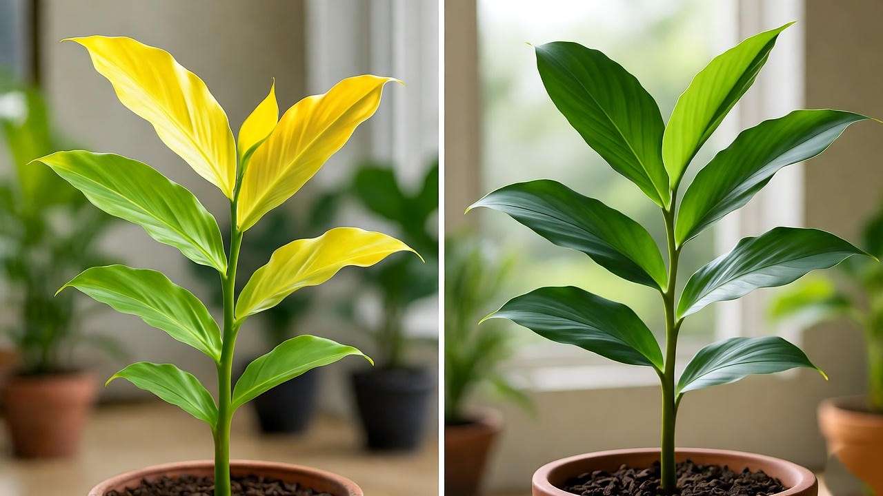 "Reviving blue ginger plant from yellow leaves to healthy growth after repotting."