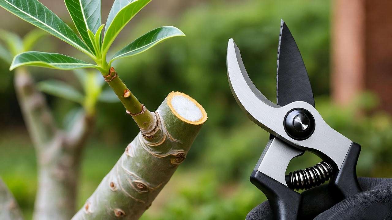 "Pruned desert rose tree branch with sterilized shears and gloved hand."
