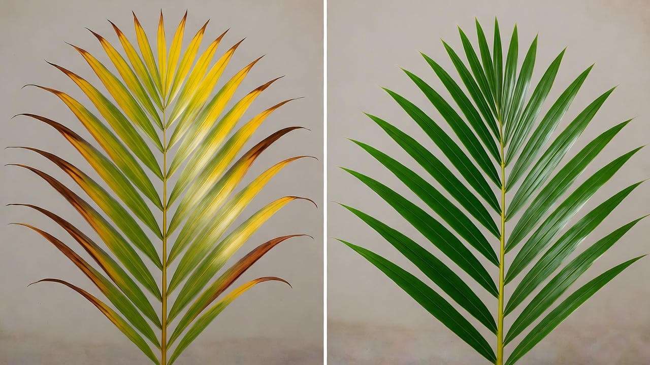 : "Comparison of overwatered and healthy palm leaves, highlighting common indoor plant care mistakes." 