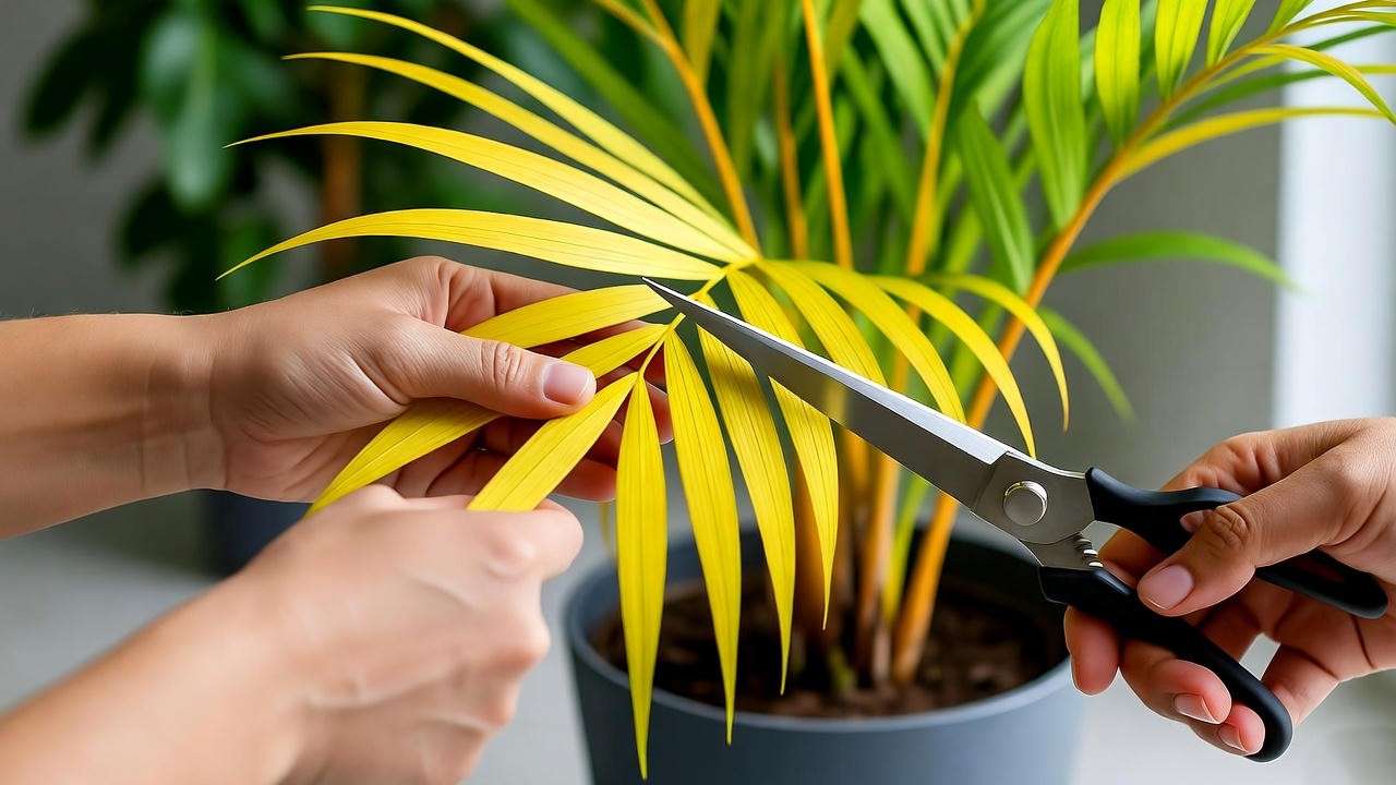 Person pruning yellow fronds from a majesty palm with clean shears." 