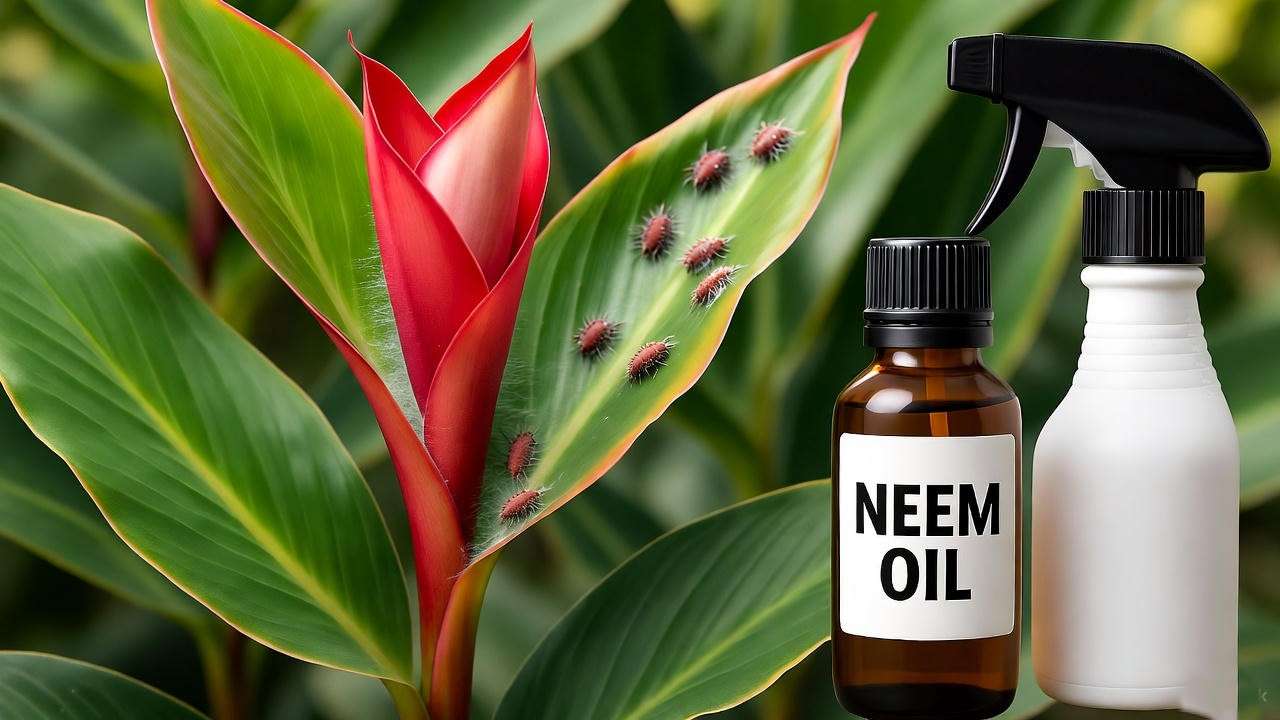 Red ginger plant with pest damage and neem oil treatment."