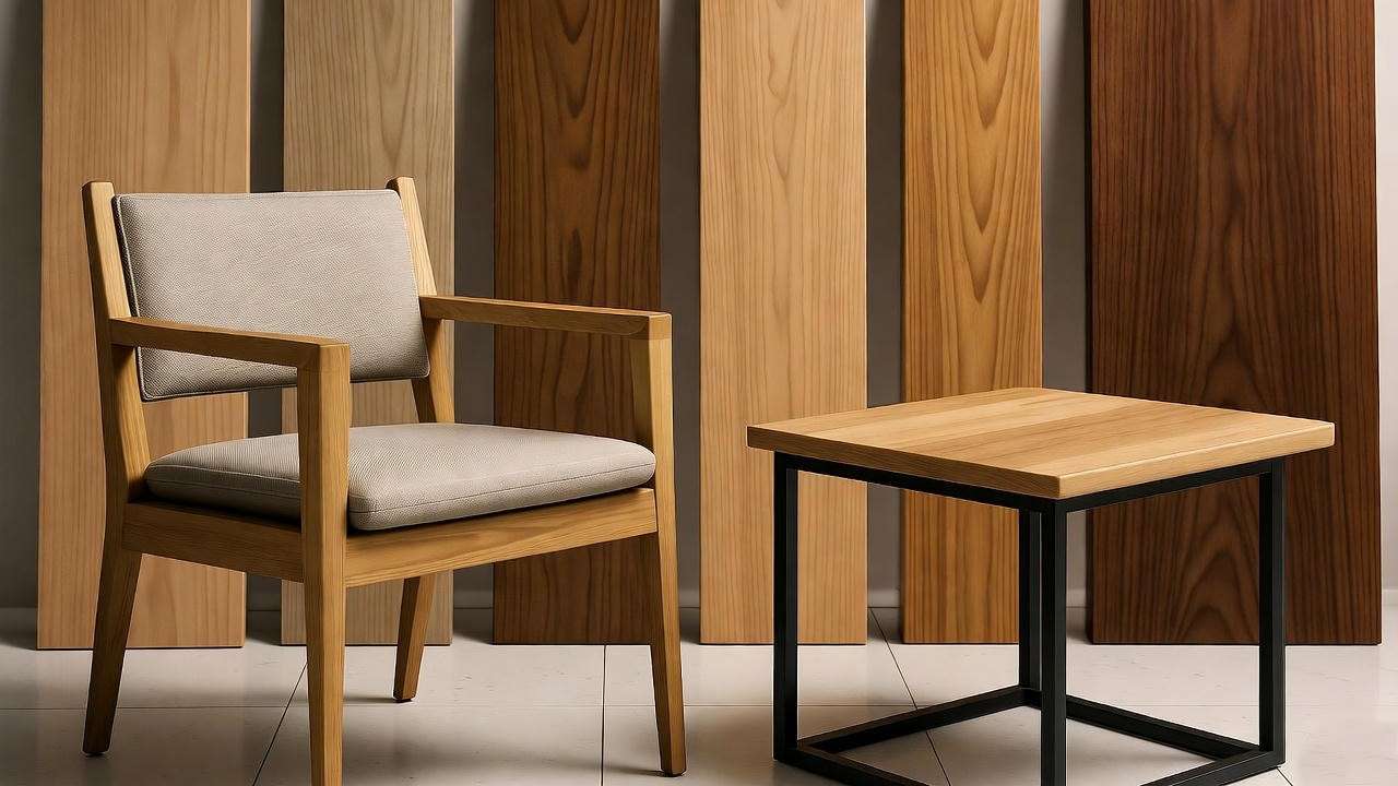  "Comparison display of mango wood furniture with oak and teak in a workshop". 