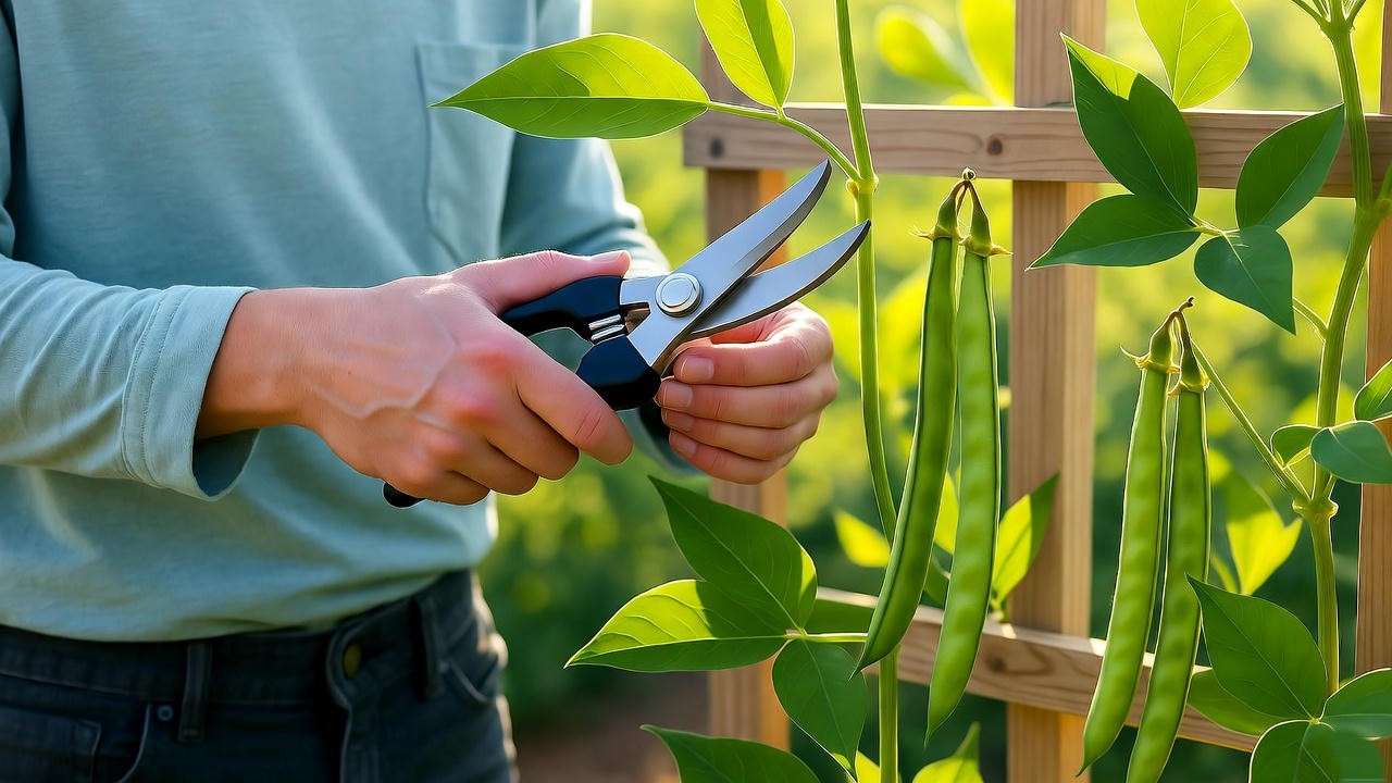 Gardener pruning asparagus bean vines on a trellis. 