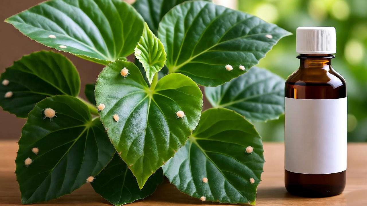 "Begonia indoor plant with spider mites and neem oil remedy nearby." 