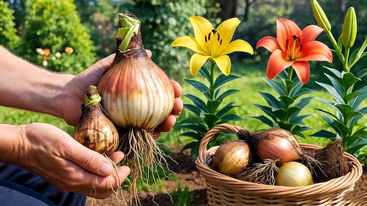  "Gardener dividing tall lily bulbs with basket and healthy plants". 