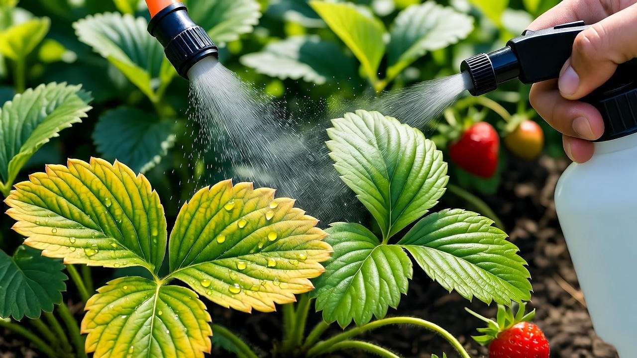 Fixing yellow strawberry plant leaves with iron foliar spray: before and after greening effect 
