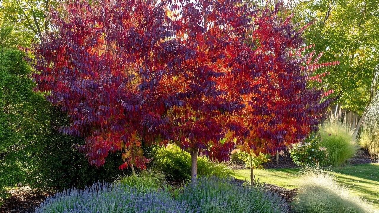  "Raywood Ash Tree with red and purple leaves and companion plants like lavender". 