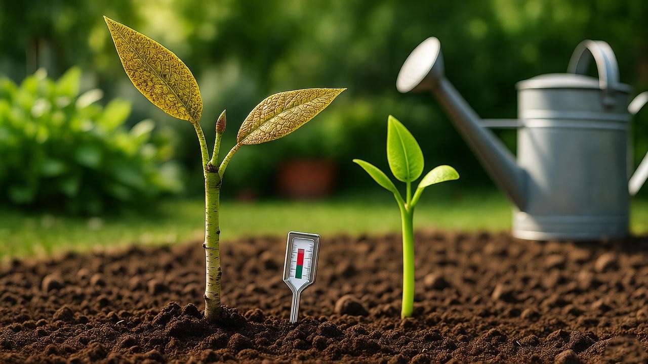 "Wilting and healthy birch seedlings with a moisture meter." 