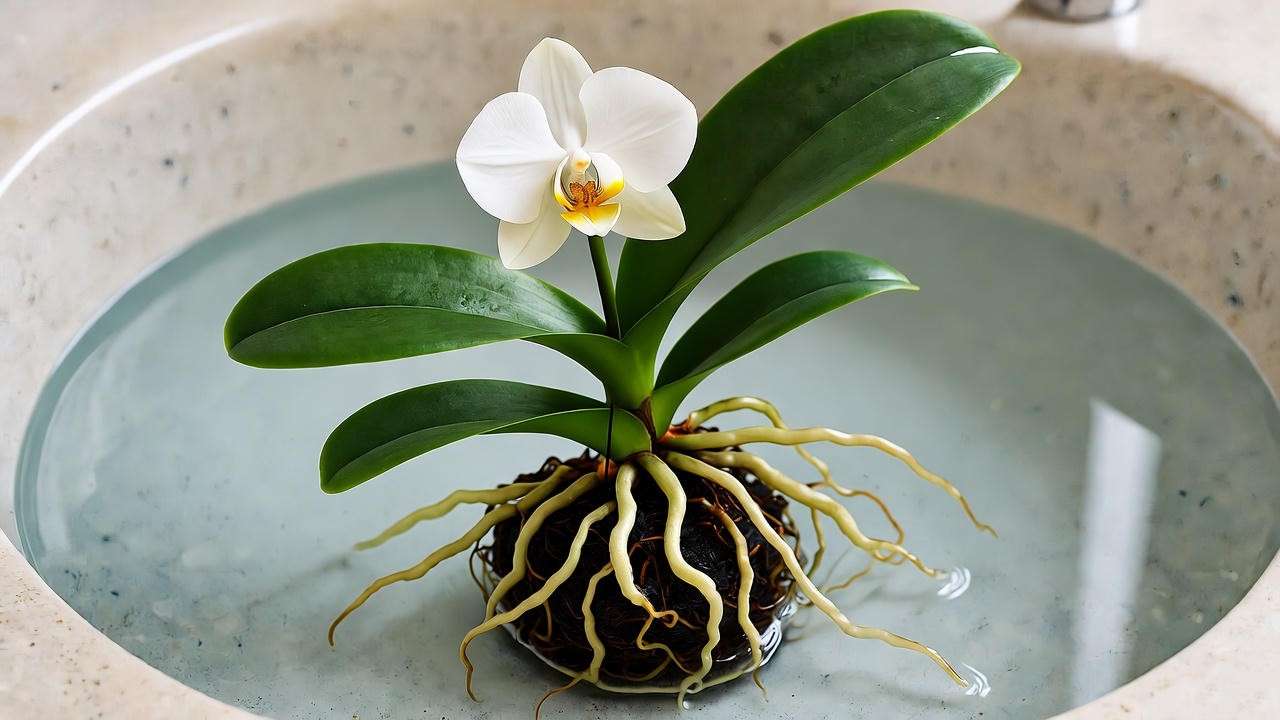 "Mini orchid soak and dry watering method for healthy indoor growth." 