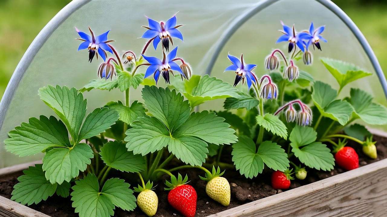 "Raised bed with Honeoye strawberry plants and borage companion plants under a row cover." 
