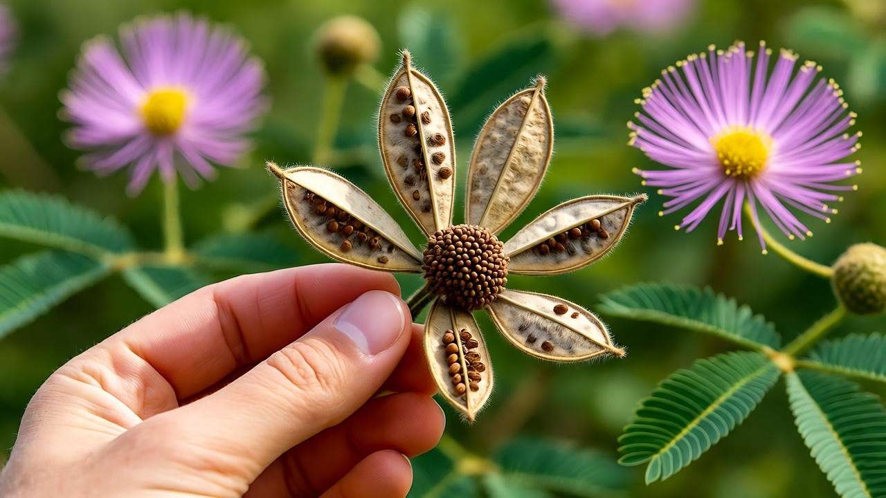  "Hand holding a bursting Mimosa pudica seed pod with fresh seeds against blooming plants." 