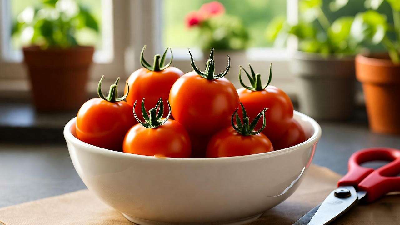 "Bowl of freshly harvested Juliet tomatoes on a kitchen counter with garden view." 