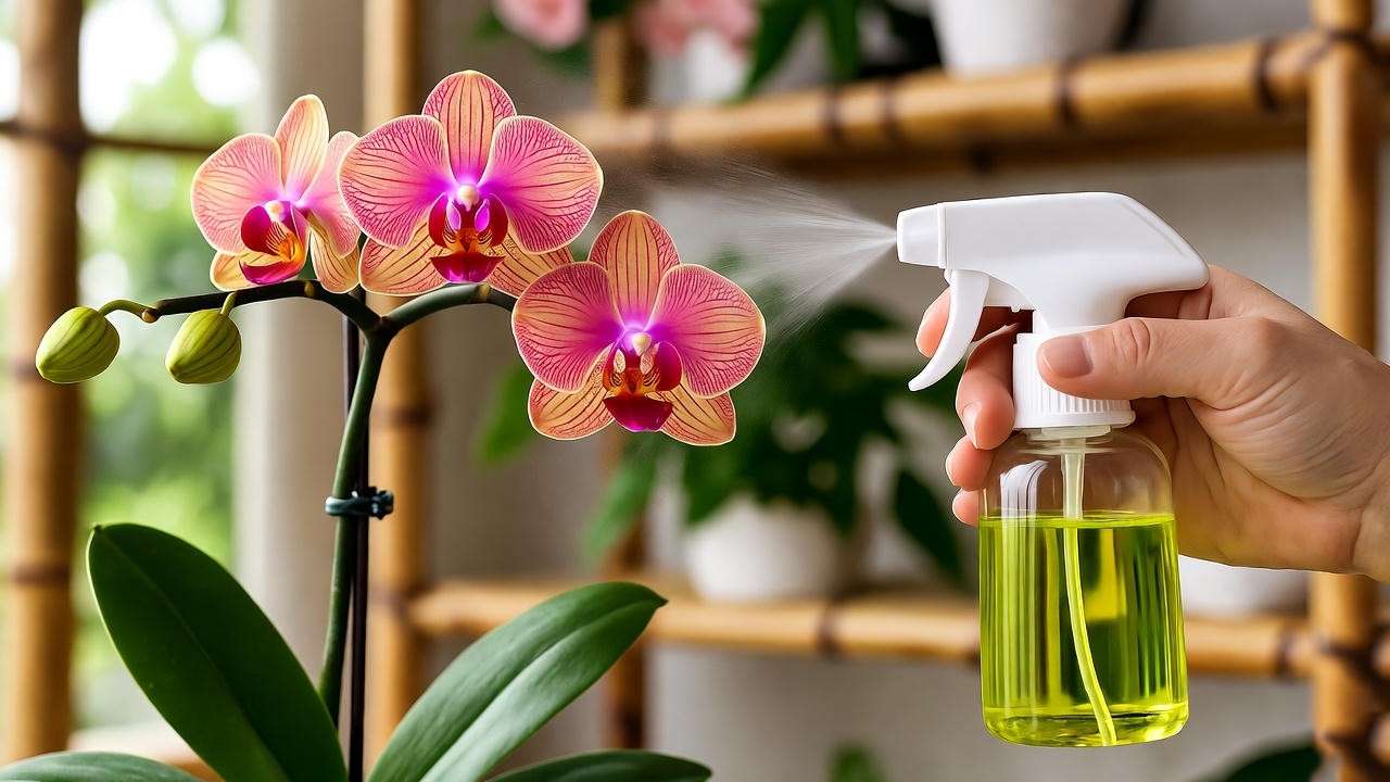 Japanese orchid plant with neem oil spray applied on a bamboo shelf" 