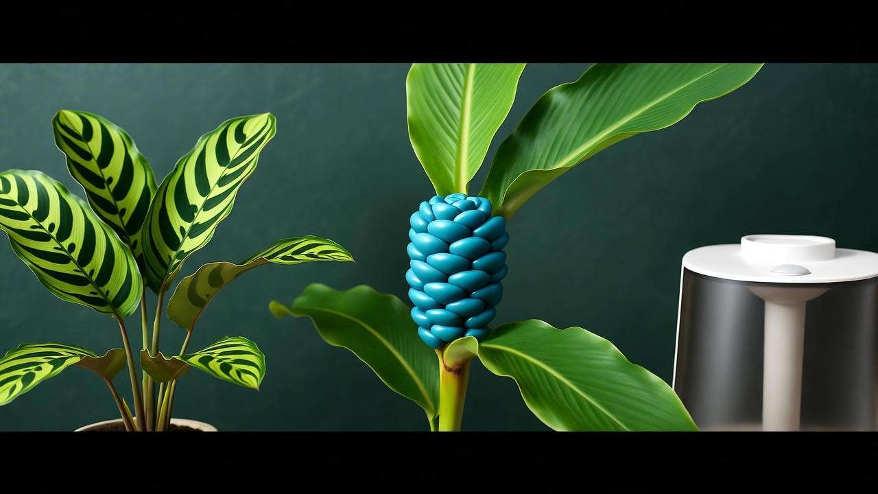 "Blue ginger plant with berries and calatheas in feng shui indoor layout."