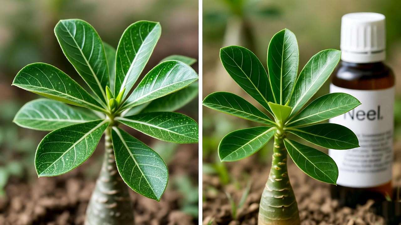 "Desert rose tree with spider mite damage next to a healthy plant."