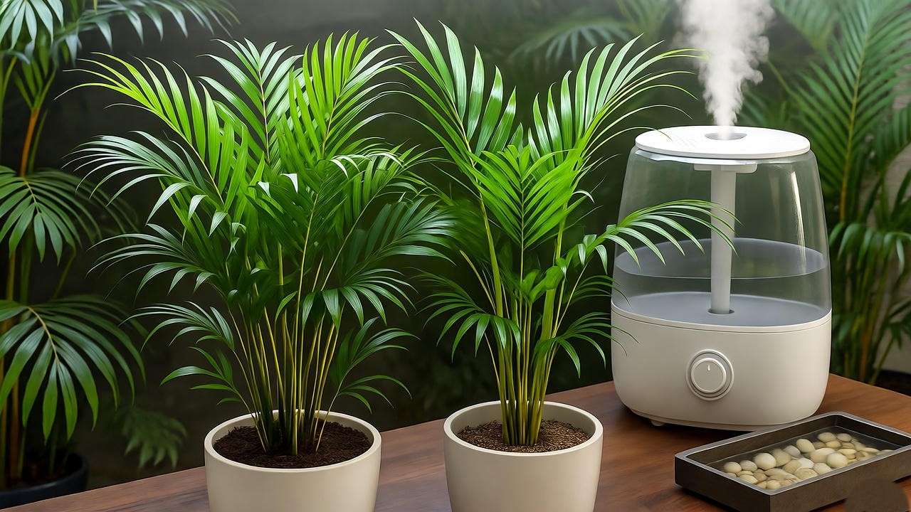 "Bamboo and Cat Palms near a humidifier and pebble tray, demonstrating indoor humidity care."