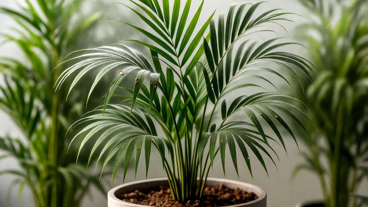 "Majesty palm with spider mites treated with neem oil spray." 