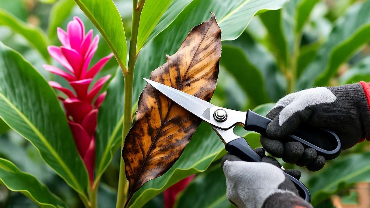 Gardener pruning red ginger plant with sharp shears."
