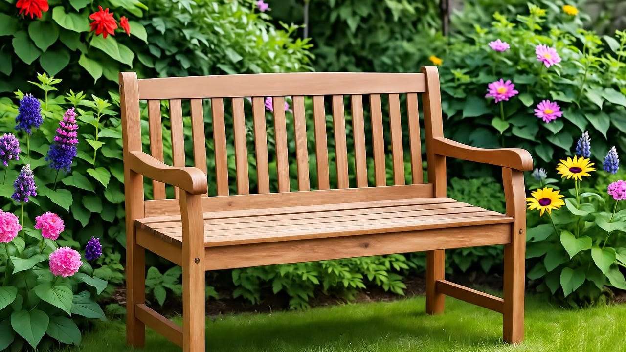 Mango wood garden bench surrounded by colorful flowers and plants". 