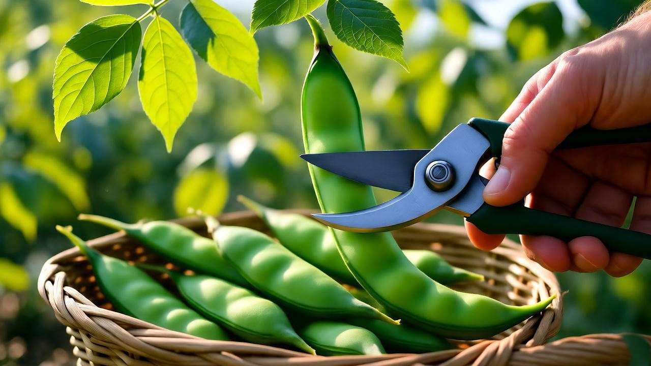 Harvesting asparagus bean pod with shears and basket of fresh pods. 